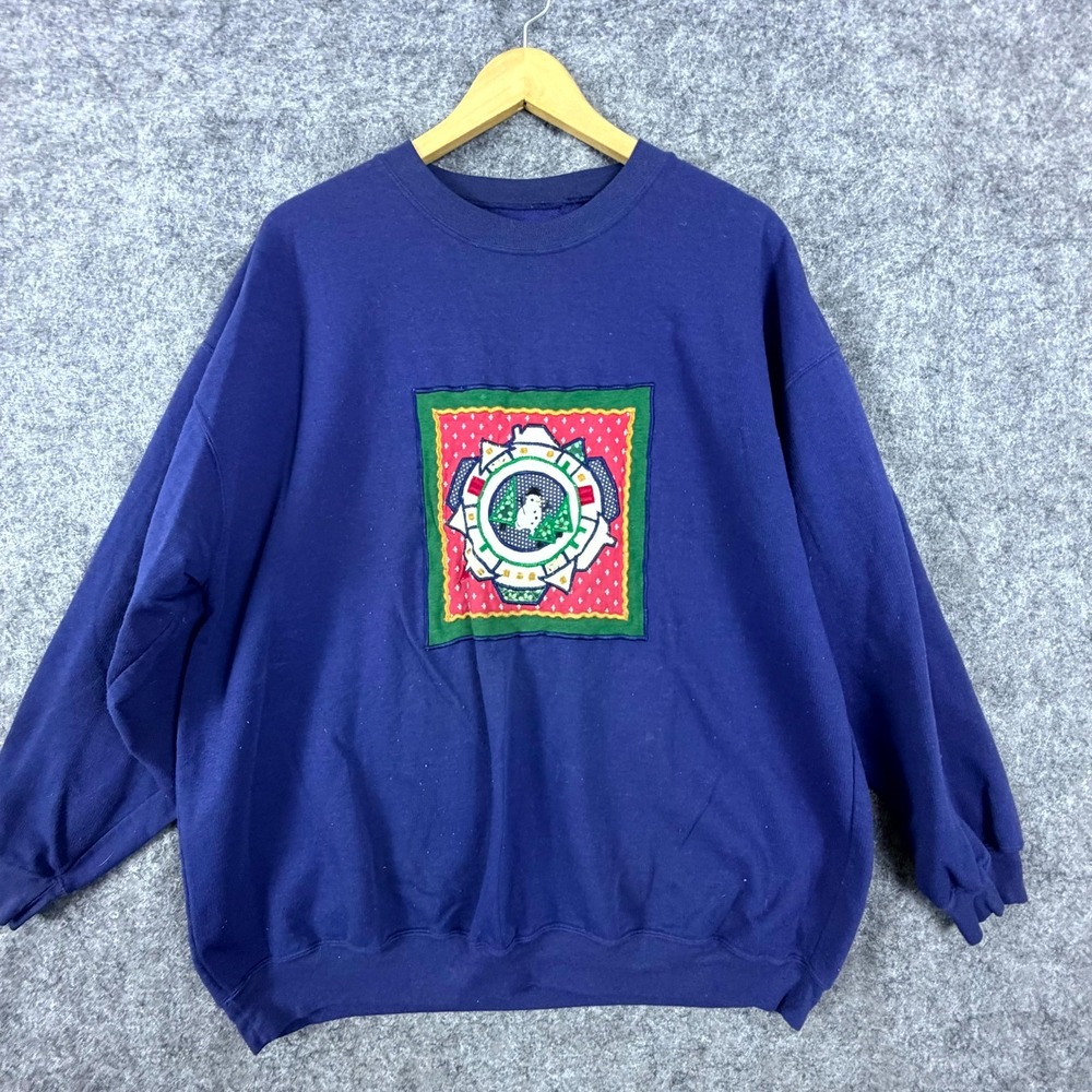 Unbranded Sweatshirt Womens L Blue Vintage Christmas Snowman Quilt Patch 90s